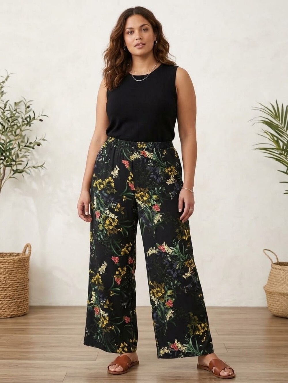 Chico's Women's Black Botanical Floral Wide Leg Pants Size 2.5R (14R)